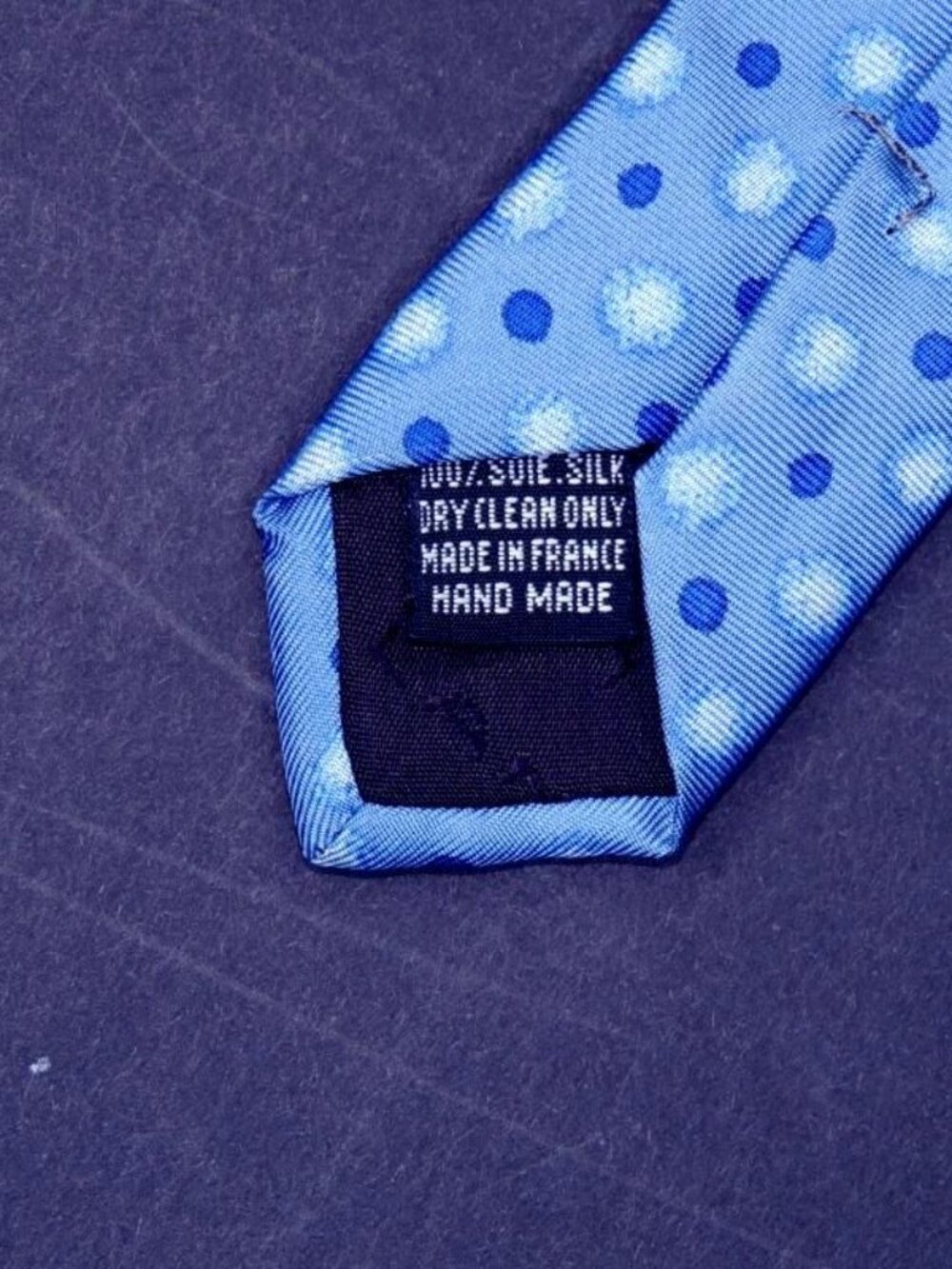 LANCEL Hand Made In France Pure Silk Blue W/Navy Dots Men's Necktie PRETTY - Picture 3 of 3